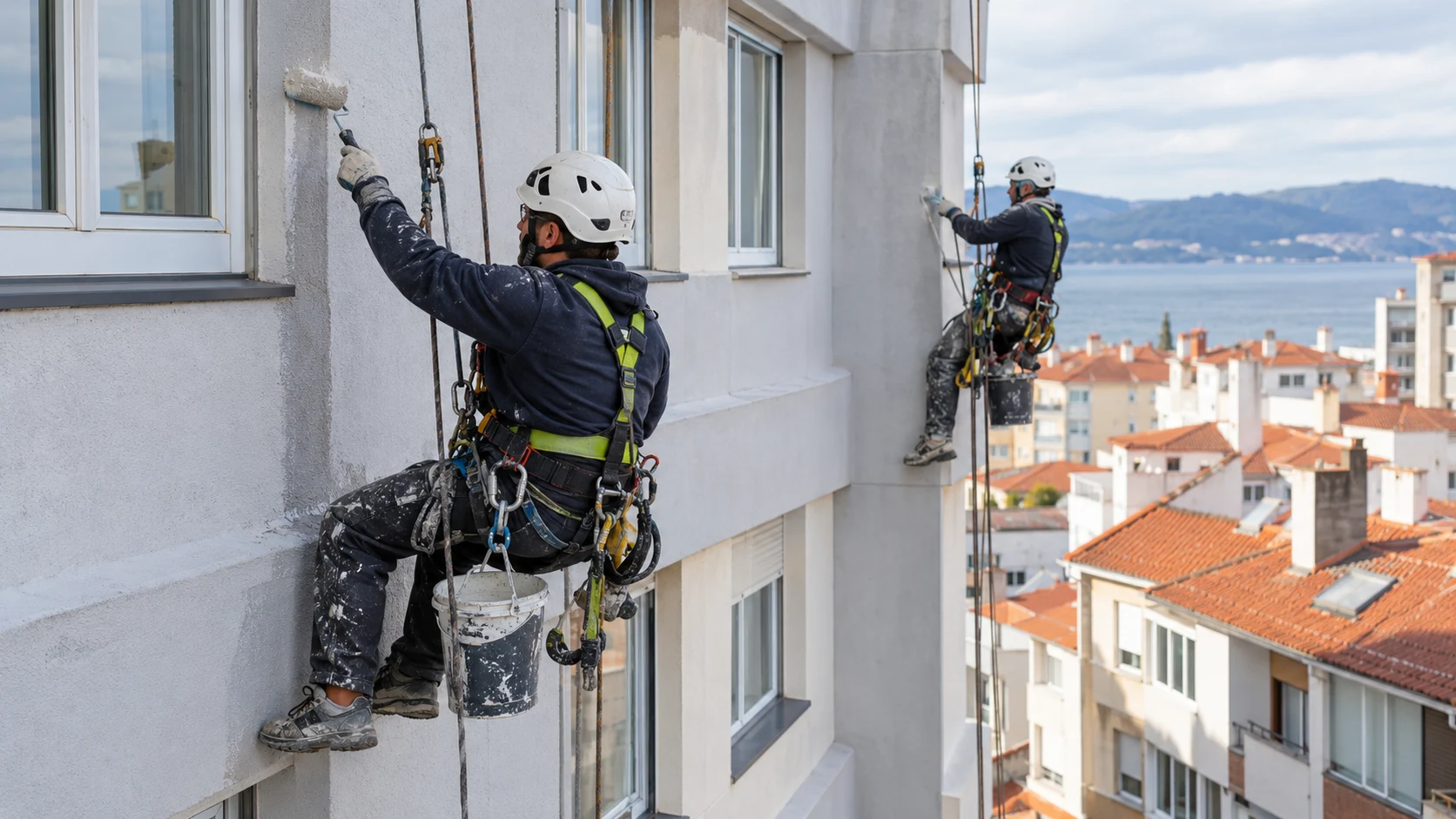 Equipo reparando fachada de comunidad